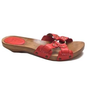 Frye Ellie Ring Harness Coral Leather Slight Wedge Wooden Insole Sandals Size 10